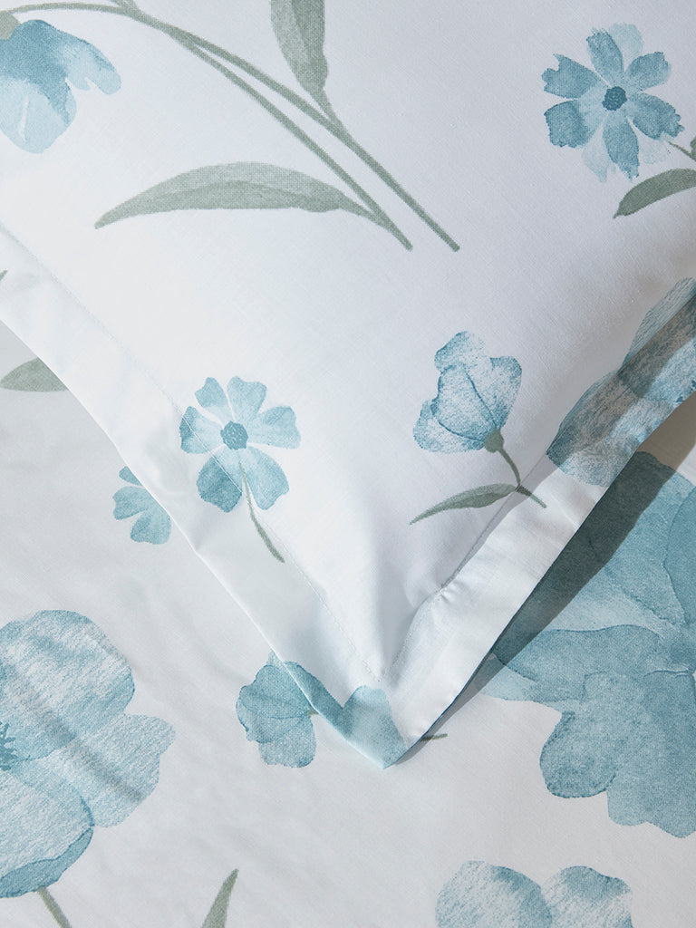 Westside Home Dusty Blue Floral Pattern Single Bed Flat Sheet and Pillowcase Set