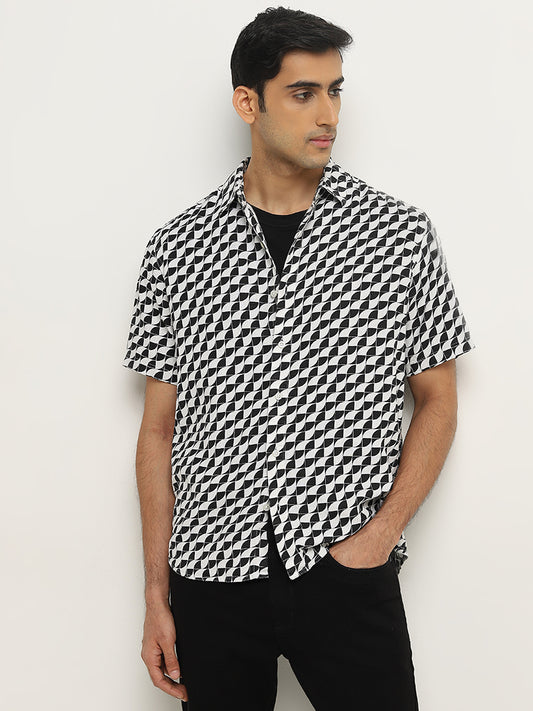 Ascot Black & White Printed Relaxed-Fit Blended Linen Shirt