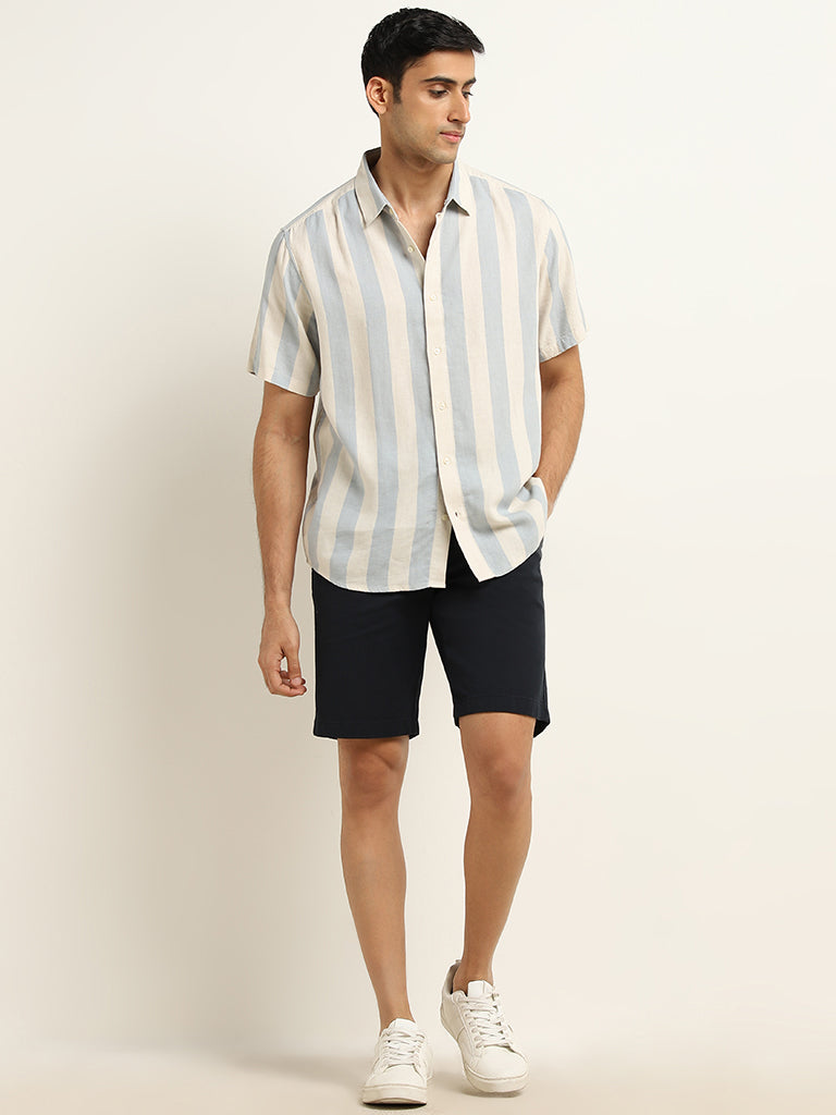 Ascot Blue Stripe Print Blended Linen Relaxed-Fit Shirt