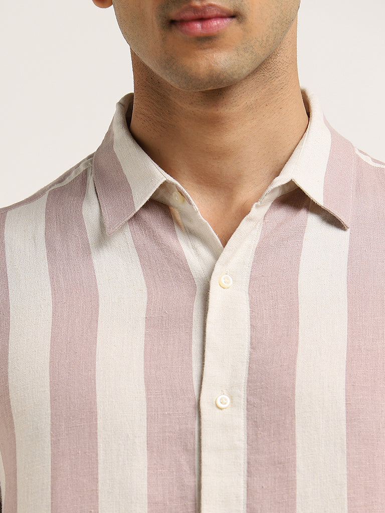 Ascot Dusty Pink Striped Relaxed-Fit Blended Linen Shirt