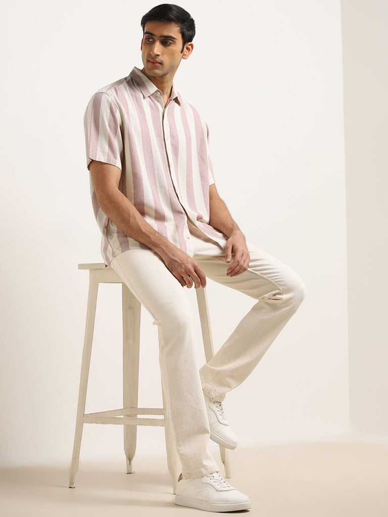Ascot Dusty Pink Striped Relaxed-Fit Blended Linen Shirt