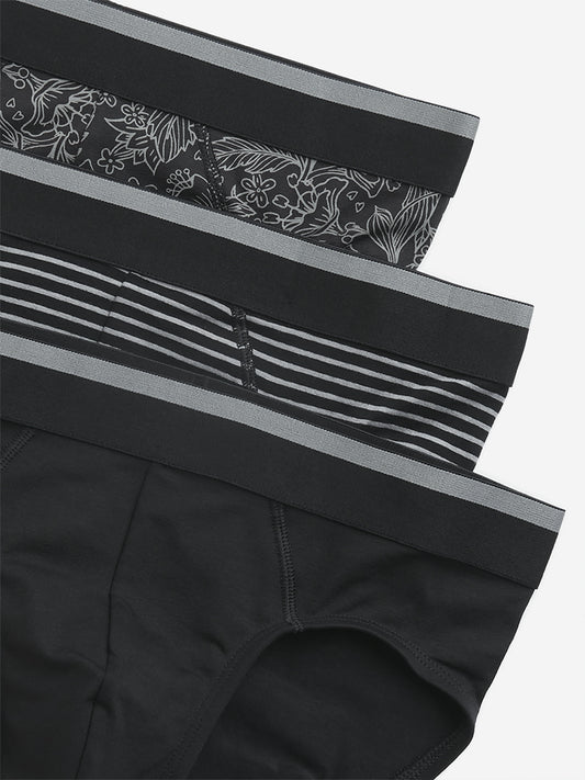 WES Lounge Black Printed Cotton Blend Briefs - Pack of 3