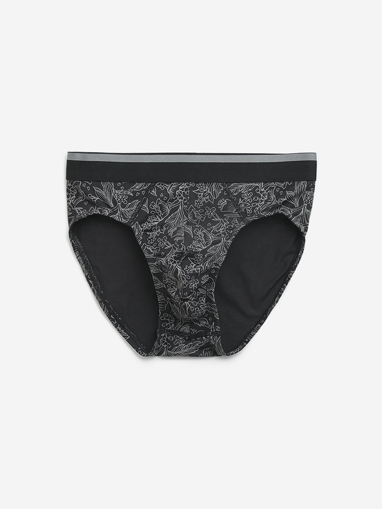 WES Lounge Black Printed Cotton Blend Briefs - Pack of 3