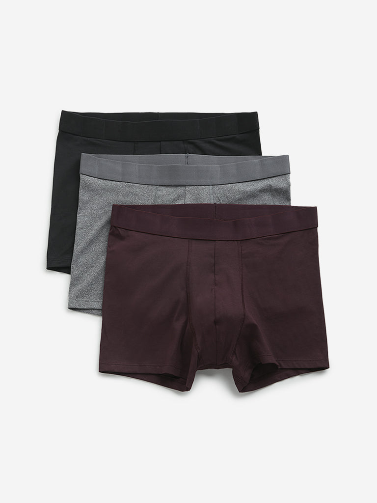 WES Lounge Maroon Solid Cotton Blend Trunks - Pack of 3