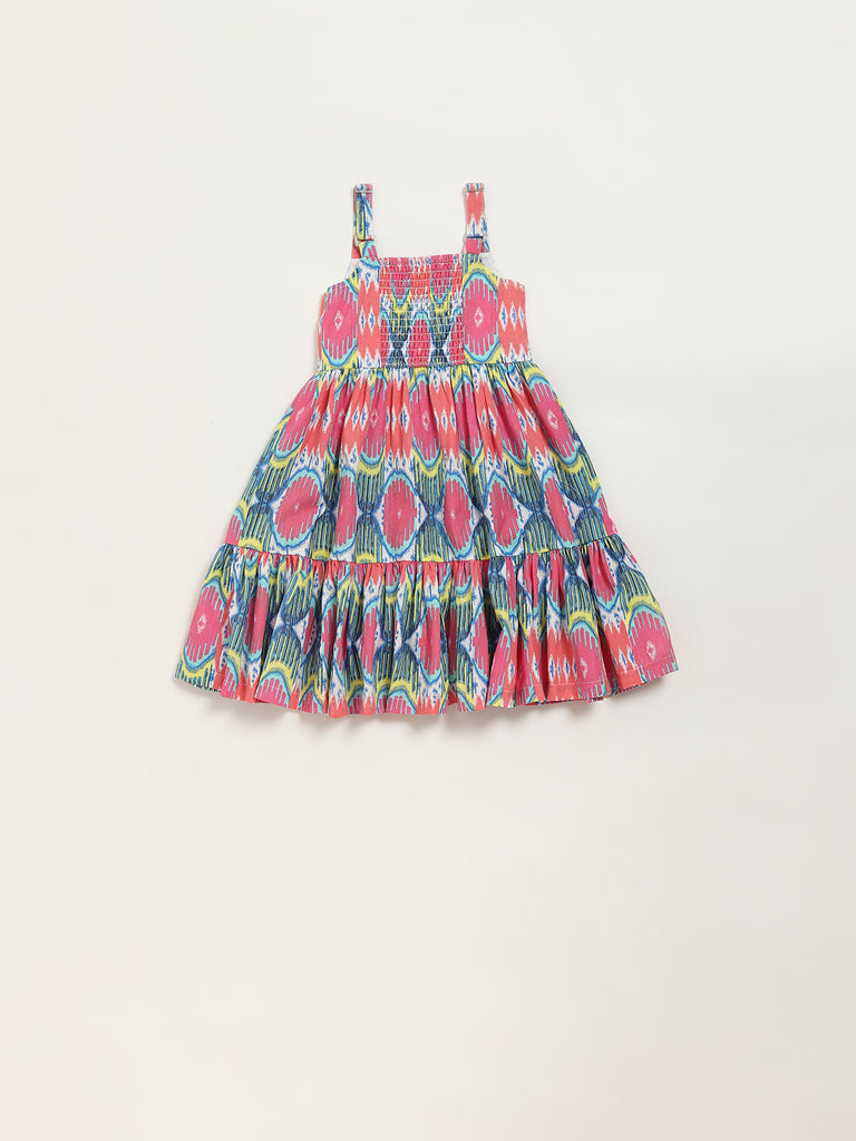 Utsa Kids Pink Ikat Print Tiered Cotton Blend Dress - (2 -8yrs)