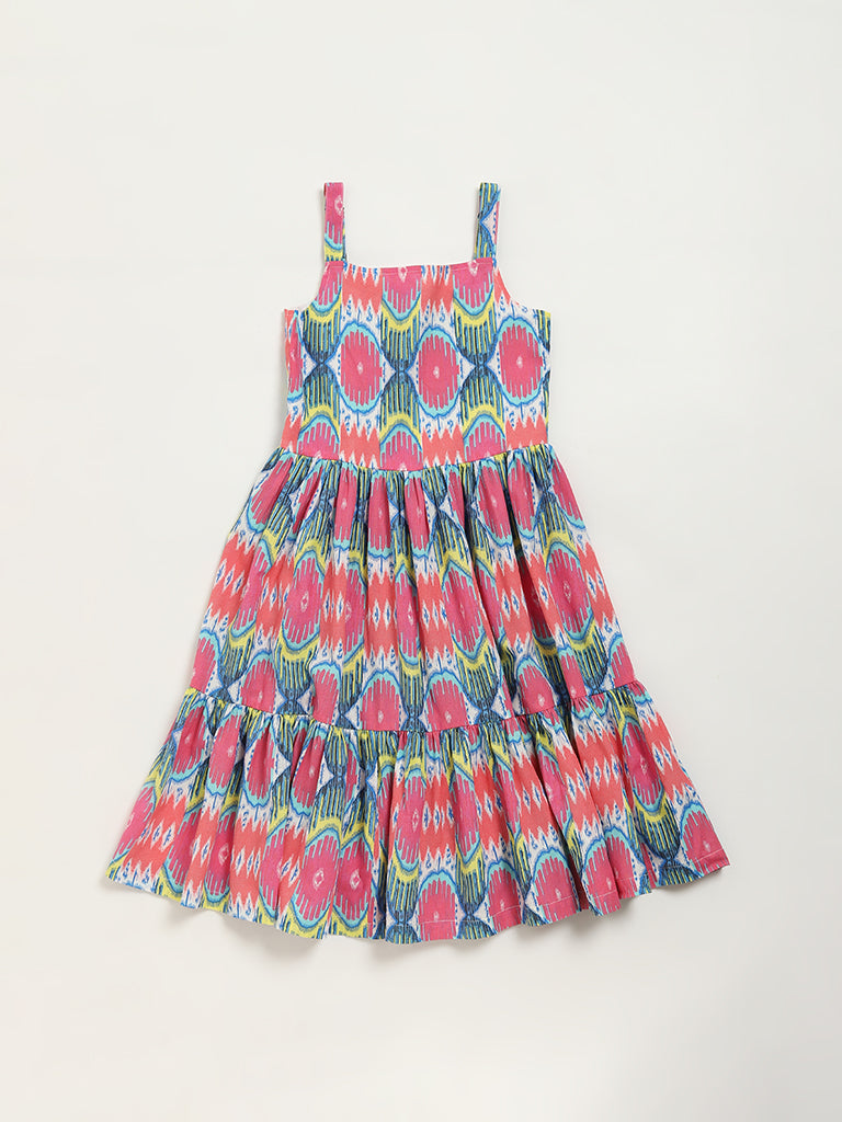 Utsa Kids Pink Ikat Print Tiered Cotton Blend Dress (8 -14yrs)