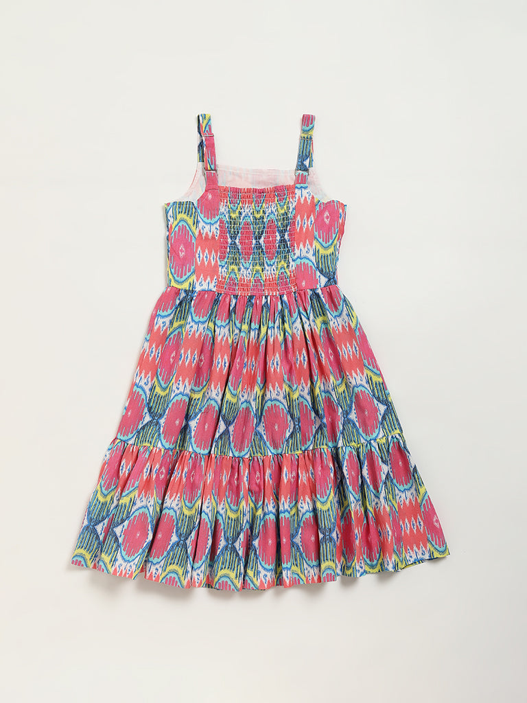 Utsa Kids Pink Ikat Print Tiered Cotton Blend Dress (8 -14yrs)