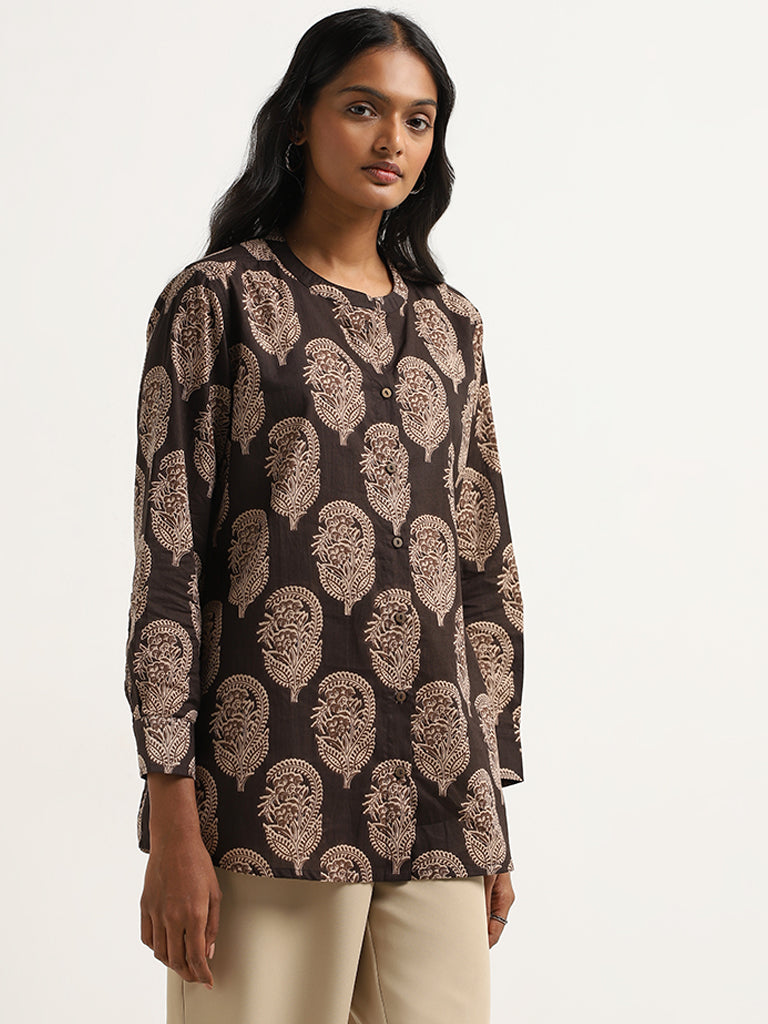 Utsa Charcoal Paisley Design Straight Cotton Kurti