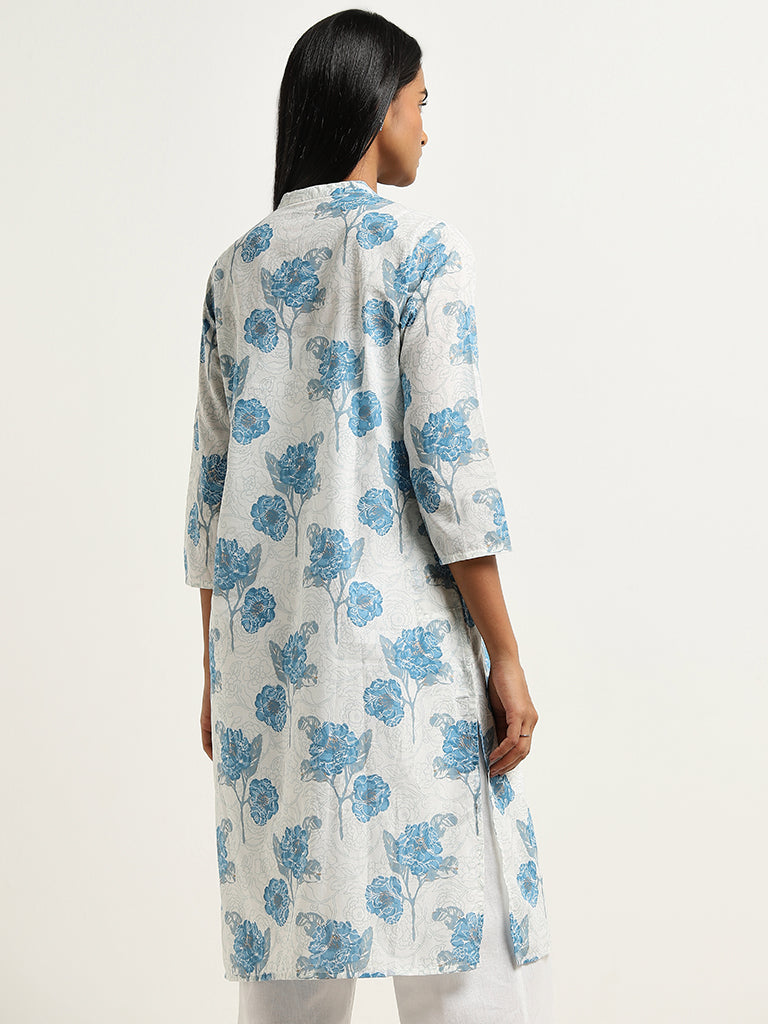 Utsa Blue Floral Printed Straight Cotton Kurta