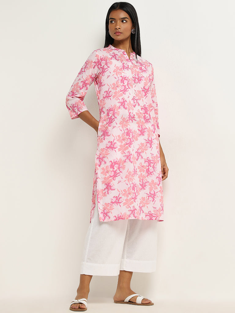 Utsa Pink Floral Design Straight Cotton Kurta