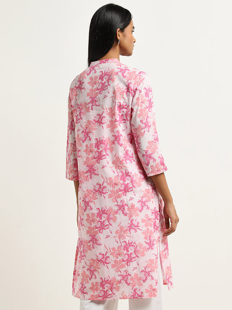 Utsa Pink Floral Design Straight Cotton Kurta