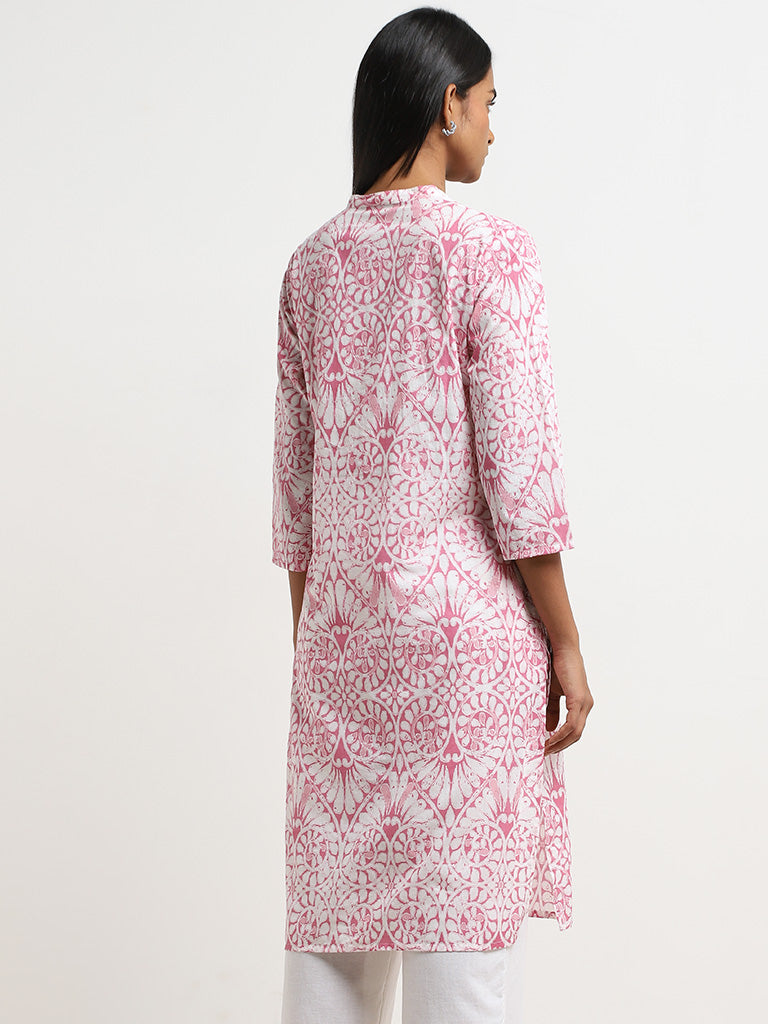 Utsa Pink Printed Straight Cotton Kurta