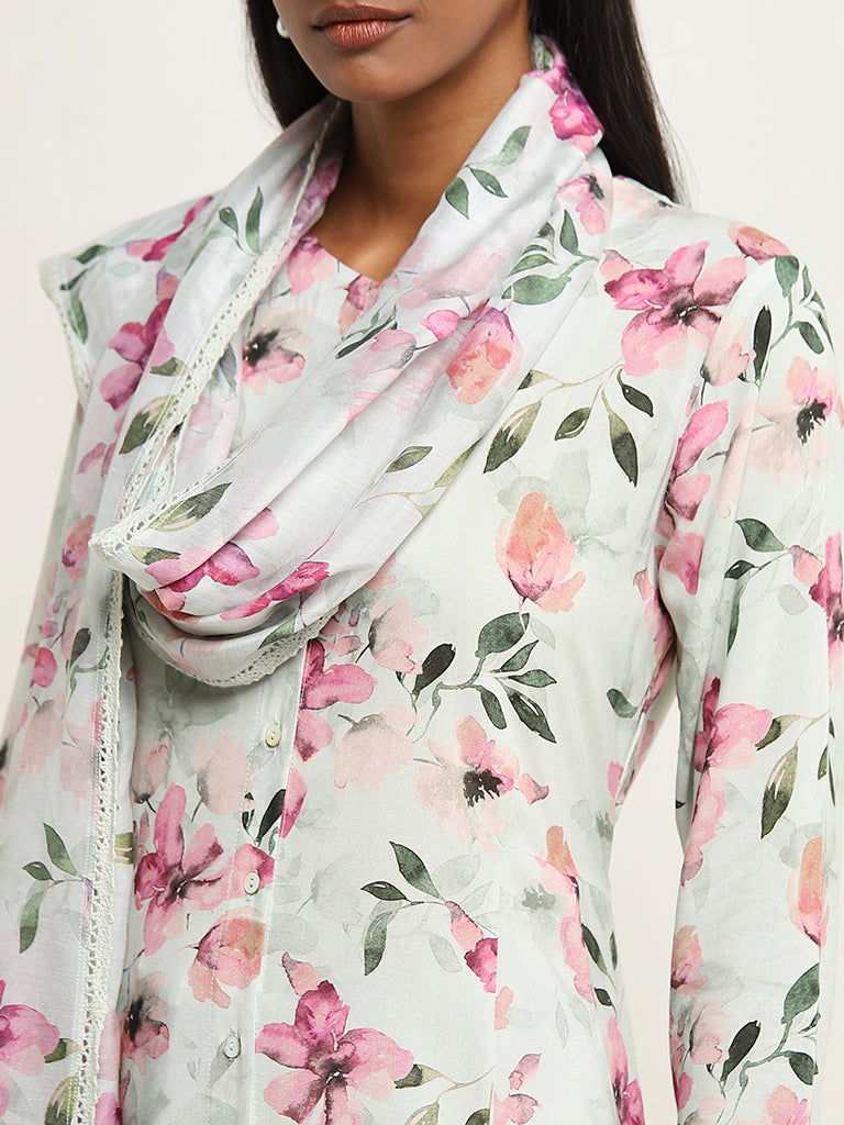 Zuba Multicolour Foliage Printed Cotton Dupatta