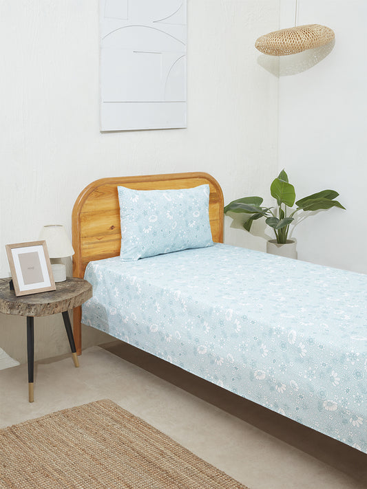 Westside Home Aqua Floral Print Single Bed Flat sheet and Pillowcase Set