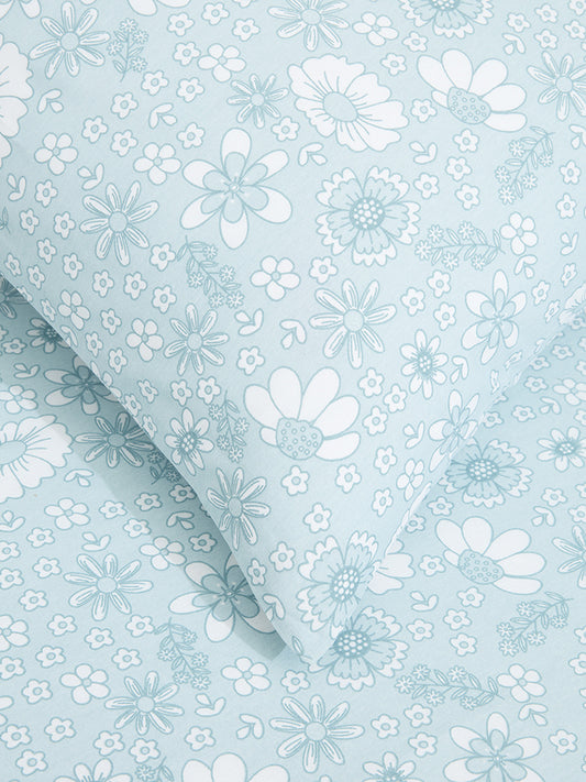 Westside Home Aqua Floral Print Single Bed Flat sheet and Pillowcase Set