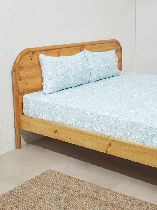 Westside Home Aqua Floral Print King Bed Flat sheet and Pillowcase Set