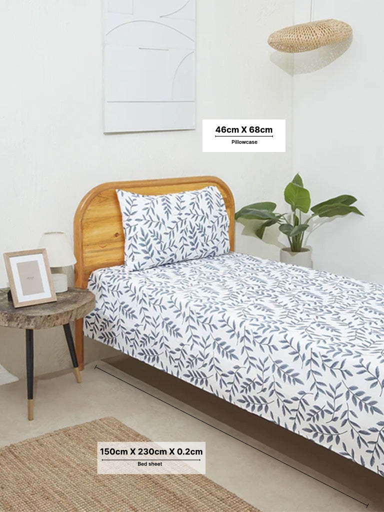 Westside Home Dusty Blue Leaf Design Single Bed Flat sheet and Pillowcase Set