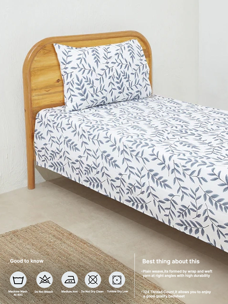 Westside Home Dusty Blue Leaf Design Single Bed Flat sheet and Pillowcase Set