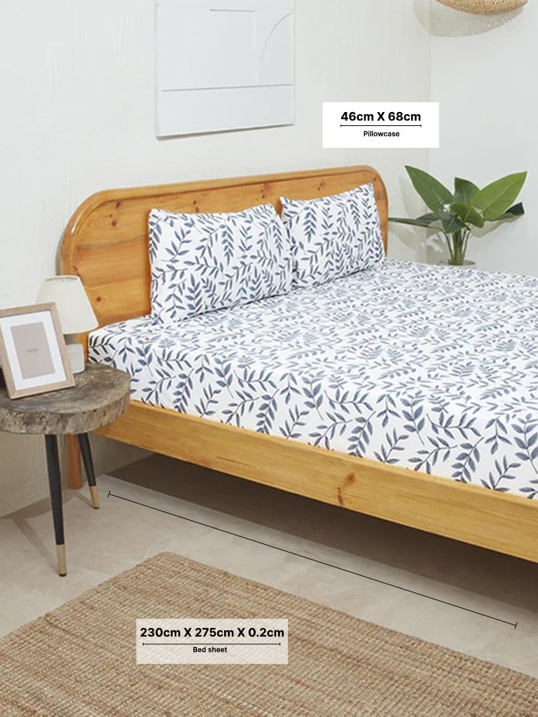 Westside Home Dusty Blue Leaf Design Double Bed Flat sheet and Pillowcase Set