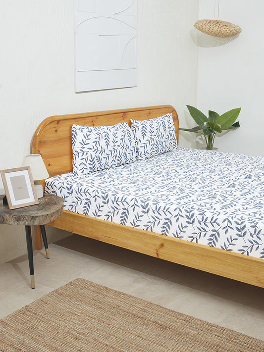 Westside Home Dusty Blue Leaf Design Double Bed Flat sheet and Pillowcase Set