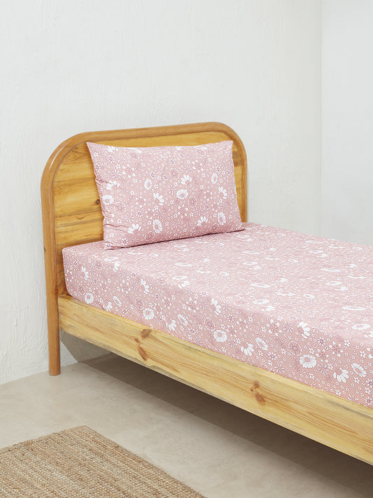 Westside Home Pink Floral Design Single Bed Fitted Sheet with Pillowcase Set