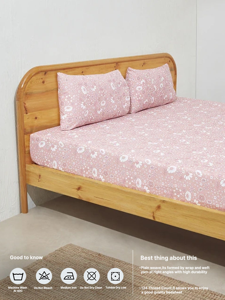 Westside Home Pink Floral Design Double Bed Fitted Sheet with Pillowcase Set