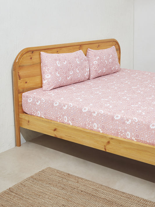 Westside Home Pink Floral Design Double Bed Fitted Sheet with Pillowcase Set