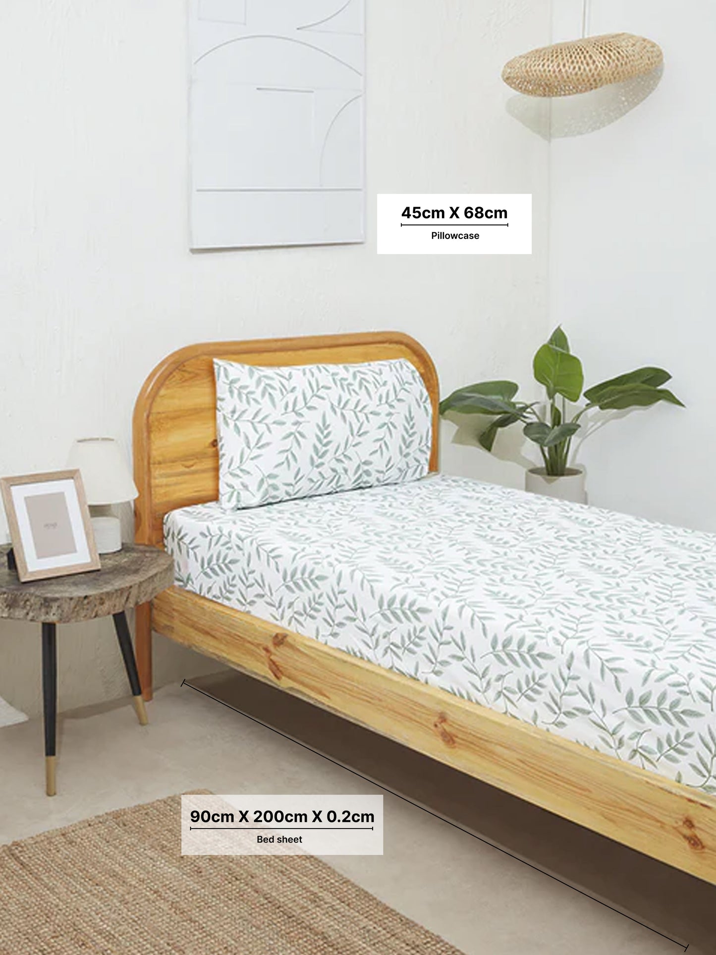 Westside Home Sage Leaf Design Single Bed Fitted Sheet and Pillowcase Set