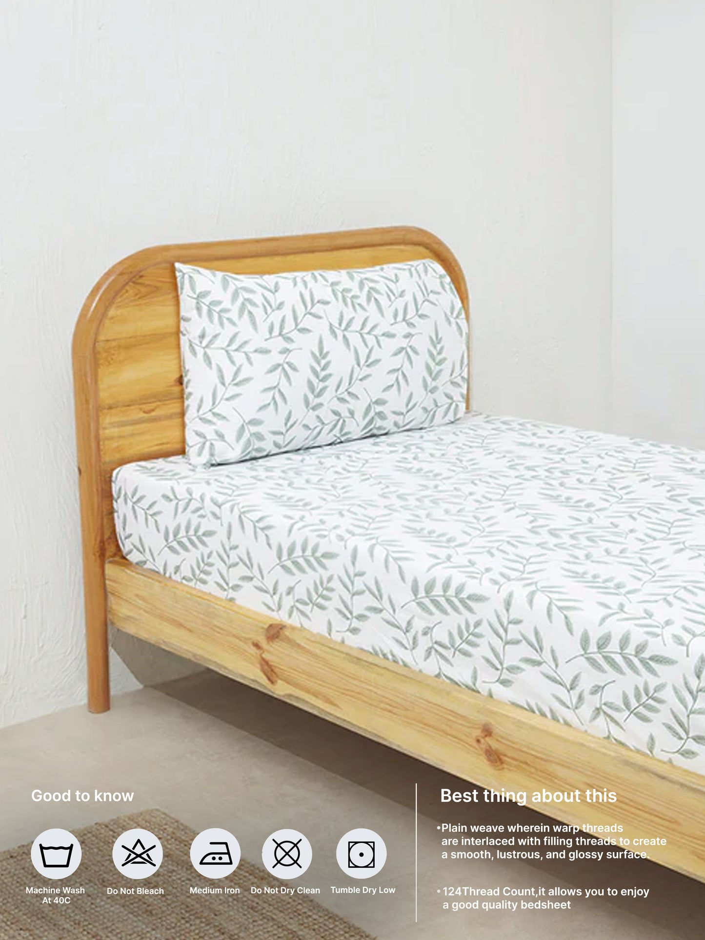 Westside Home Sage Leaf Design Single Bed Fitted Sheet and Pillowcase Set