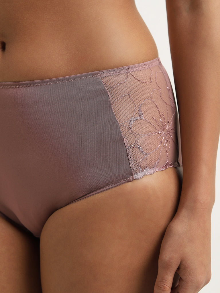 Wunderlove Mauve Floral Embroidered Full Briefs