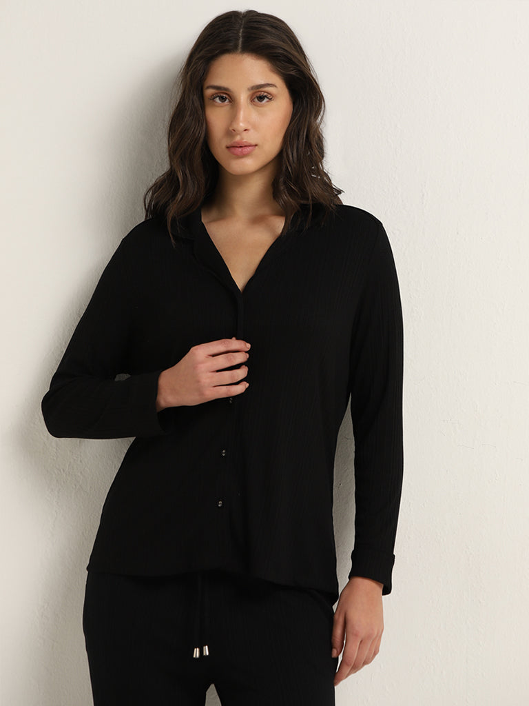 Wunderlove Black Ribbed Design Supersoft Shirt