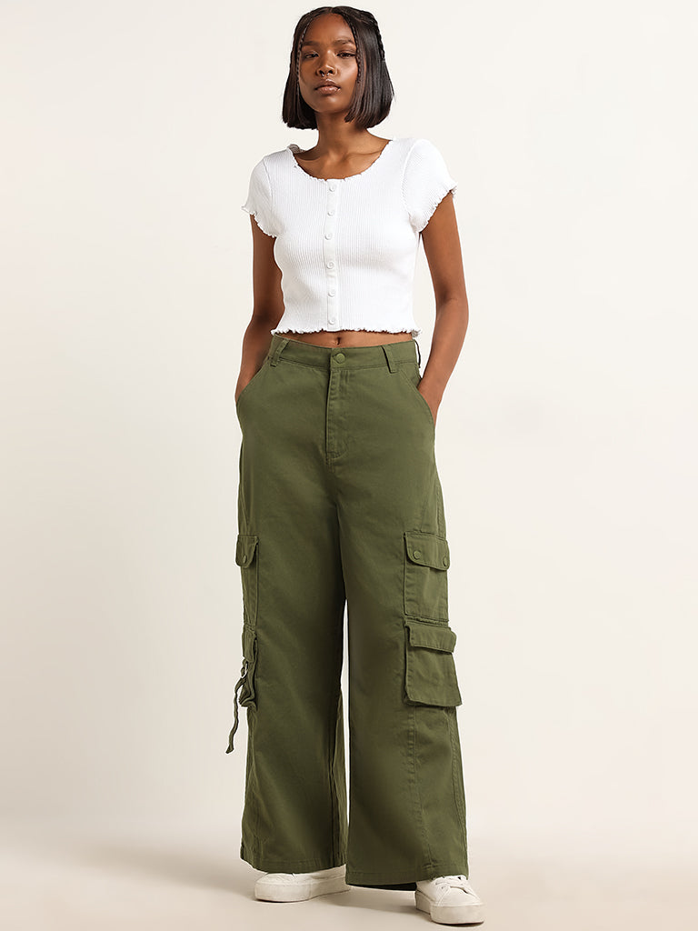 Nuon Olive Relaxed Fit Mid Rise Cargo Jeans