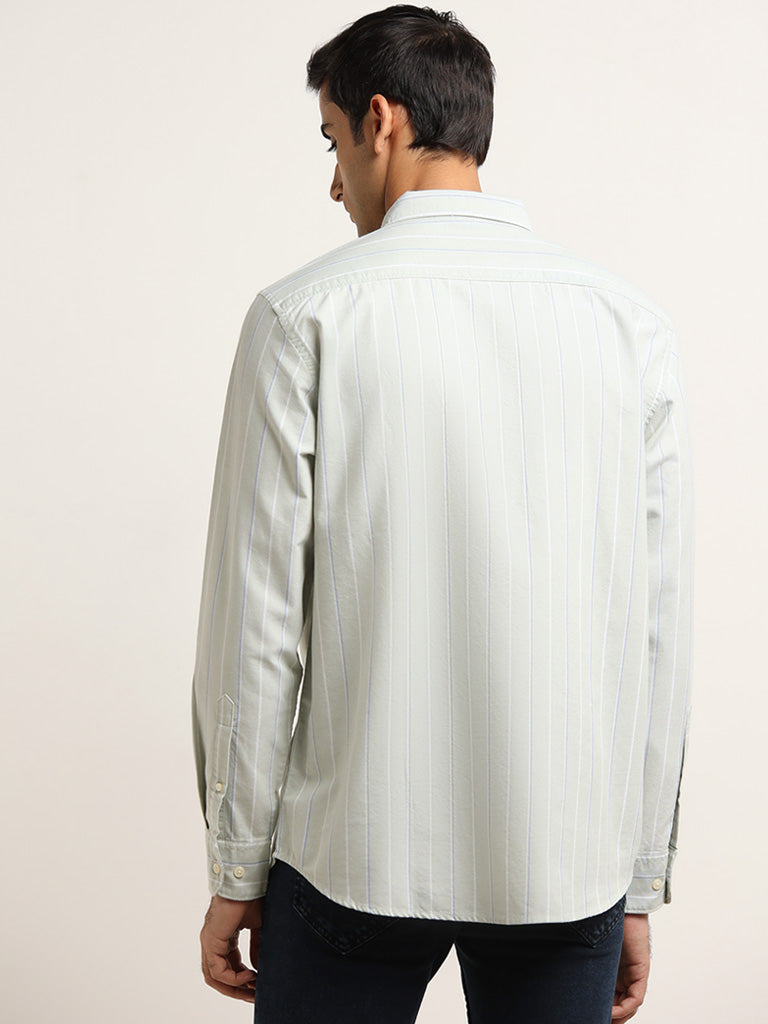 WES Casuals Light Sage Cotton Striped Relaxed Fit Shirt