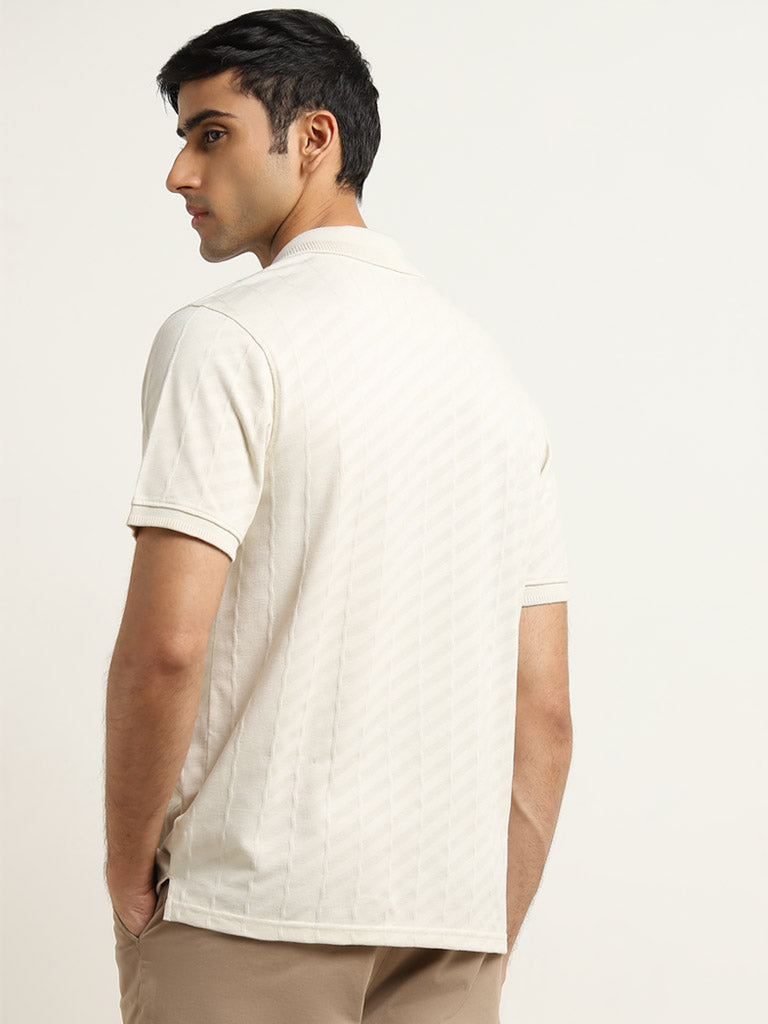 WES Casuals Light Beige Textured Slim Fit Polo T-Shirt