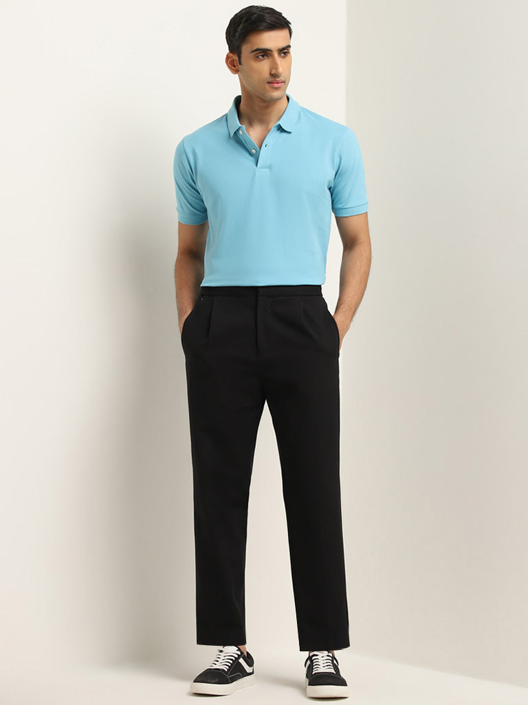 WES Casuals Blue Solid Relaxed Fit Polo T-Shirt