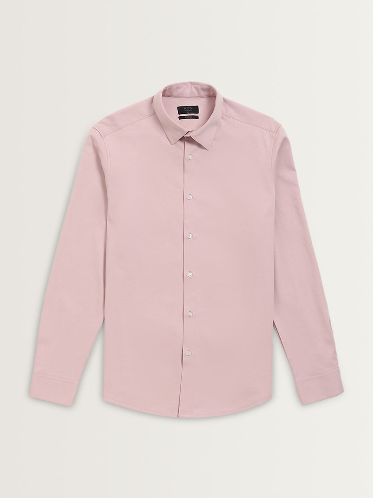 WES Formals Light Pink Solid Cotton Blend Slim Fit Shirt