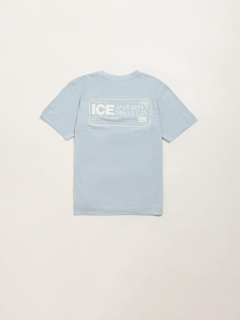 Studiofit Blue Text Printed Relaxed Fit T-Shirt