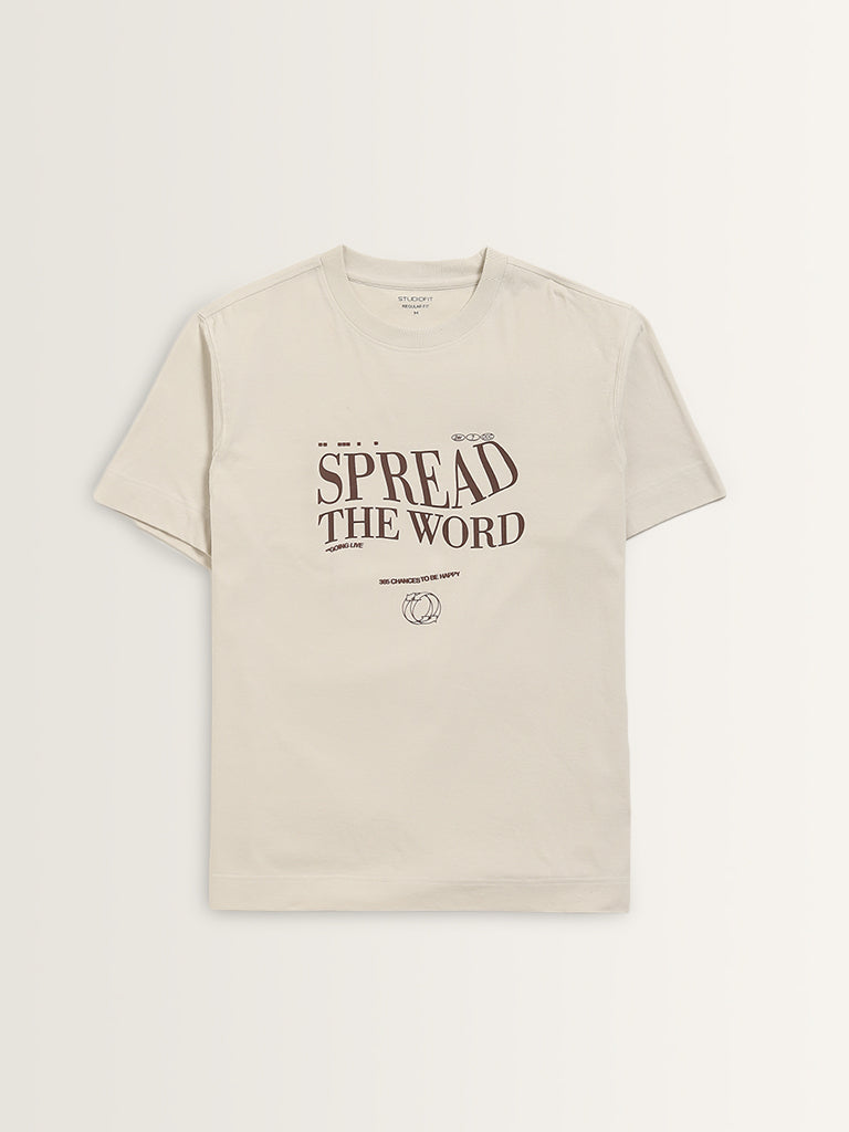 Studiofit Light Beige Text Printed Relaxed Fit T-Shirt