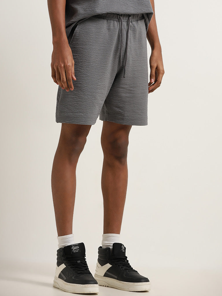 Studiofit Dark Grey Waffle-Textured Relaxed-Fit Mid-Rise Cotton Blend Shorts