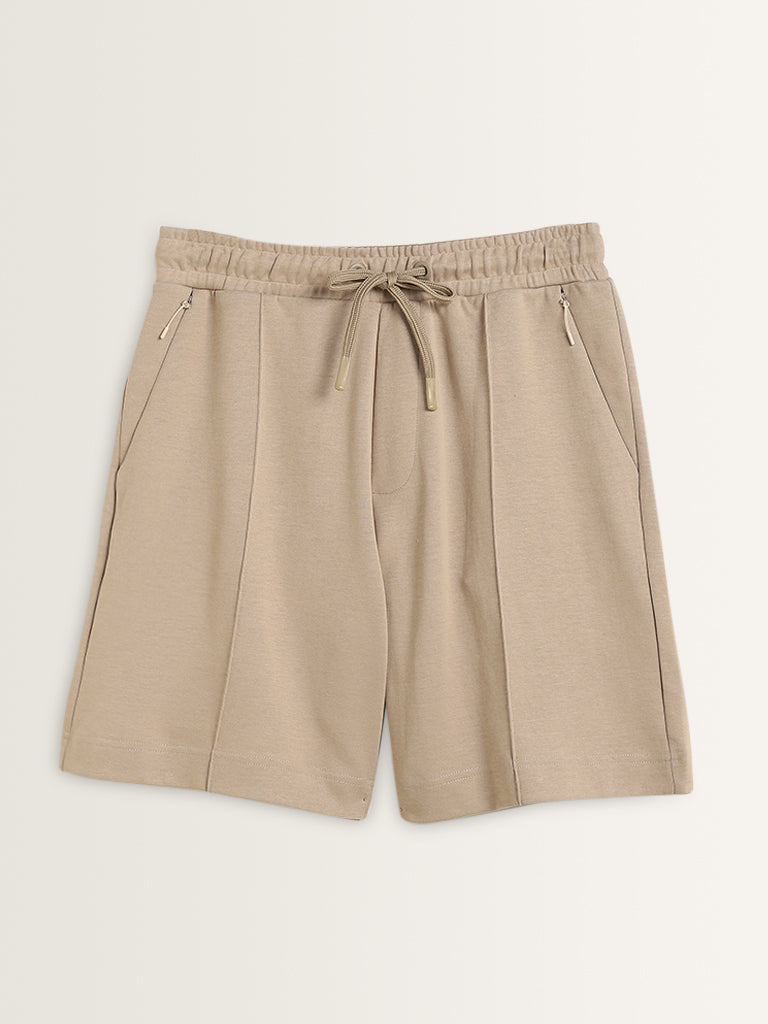 Studiofit Beige Relaxed Fit Mid Rise Shorts