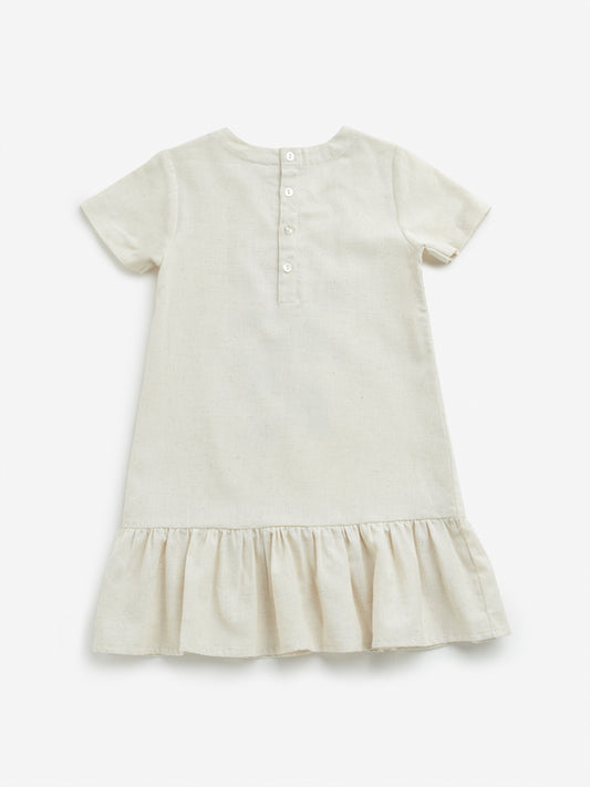 Utsa Kids Off-White Floral Printed Drop-Waist Cotton Blend Dress - (2-8 Years)
