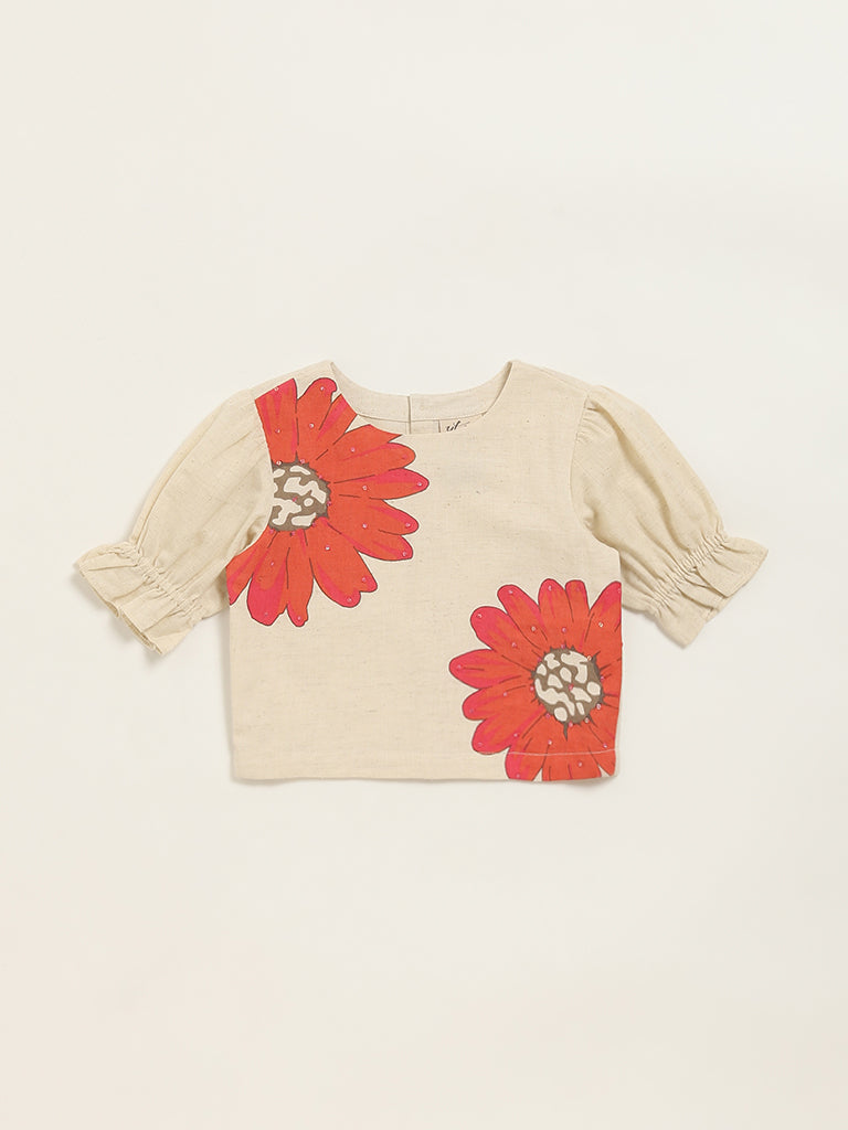 Utsa Kids Beige Floral Top - (2 -8yrs)