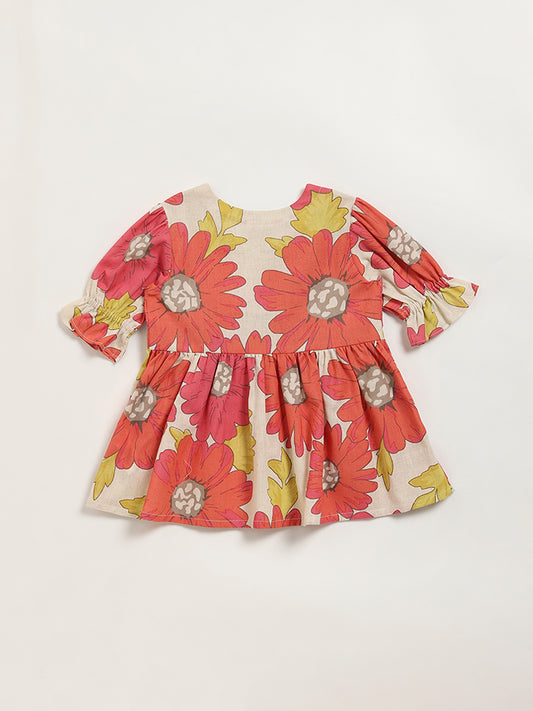 Utsa Kids Multicolour Bold Floral Print Cotton Blend Dress (2 - 8yrs)