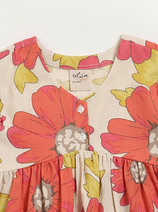 Utsa Kids Multicolour Bold Floral Print Cotton Blend Dress (2 - 8yrs)