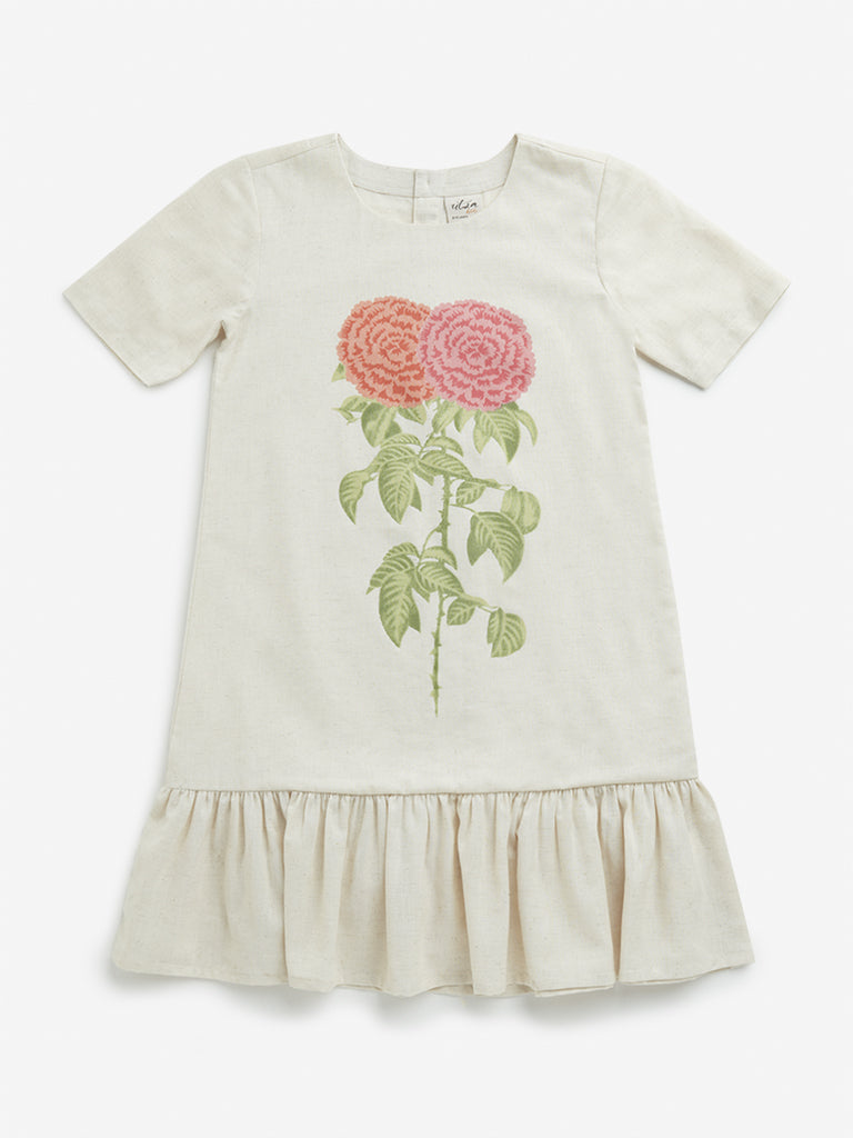 Utsa Kids Off-White Floral Printed Drop-Waist Cotton Blend Dress - (8 -14yrs)