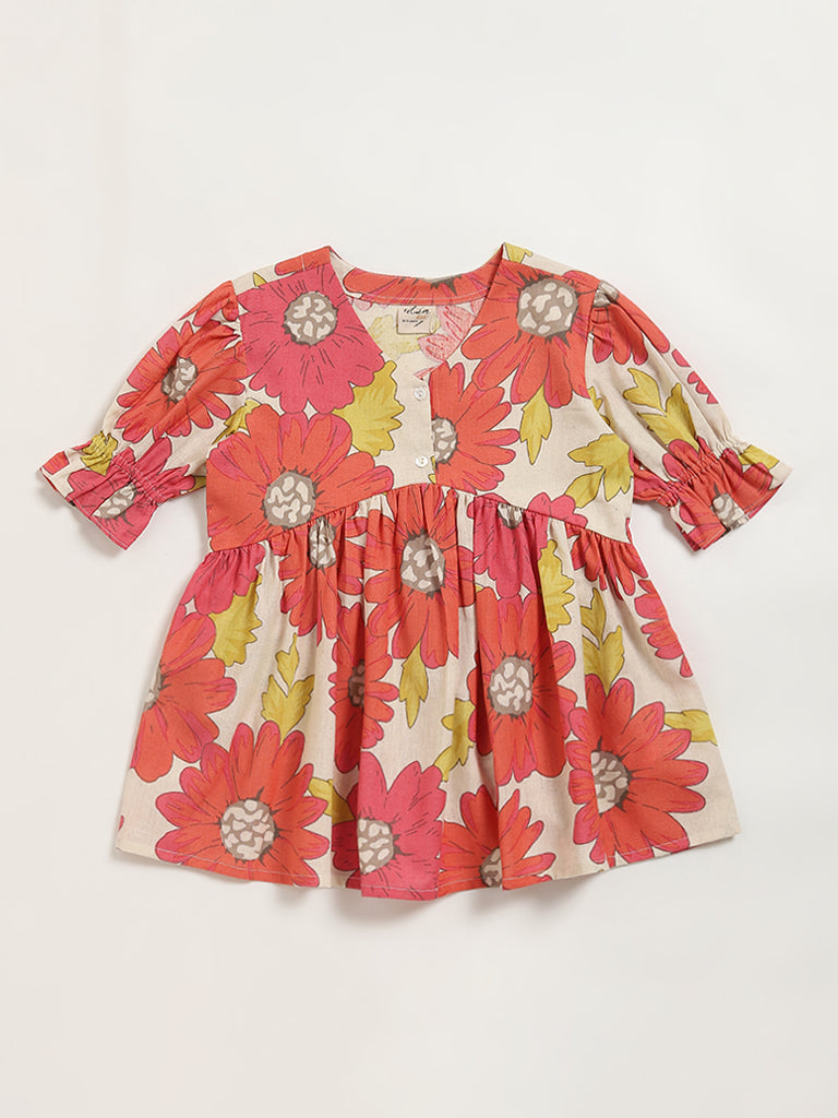 Utsa Kids Multicolour Bold Floral Print Cotton Blend Dress - (8 -14yrs)