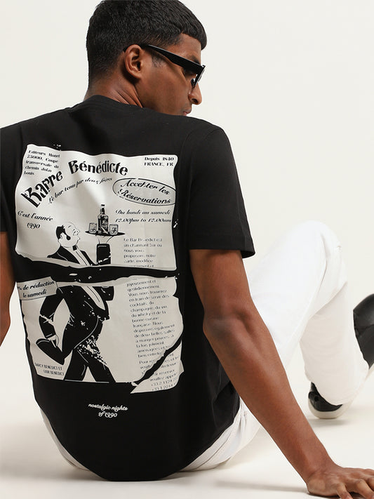 Nuon Black Slim-Fit Printed Cotton T-Shirt