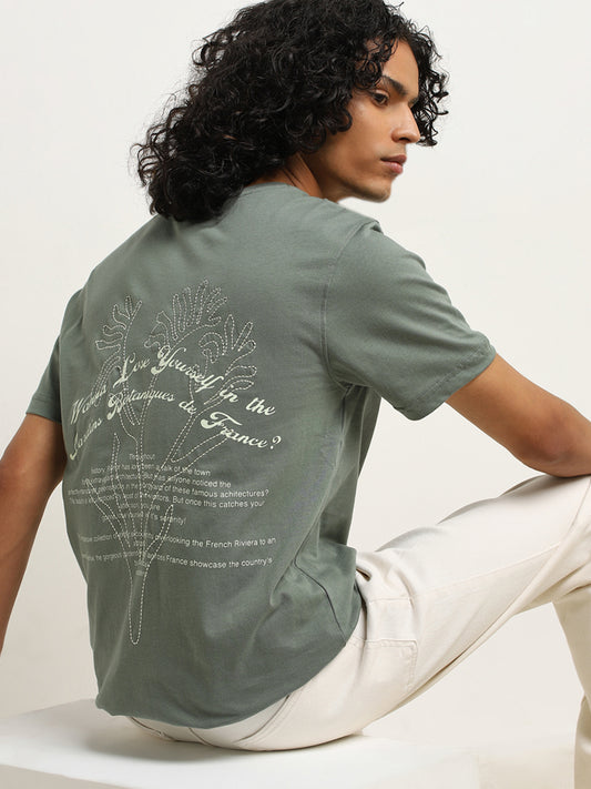 Nuon Dark Sage Typographic Print Slim-Fit Cotton T-Shirt