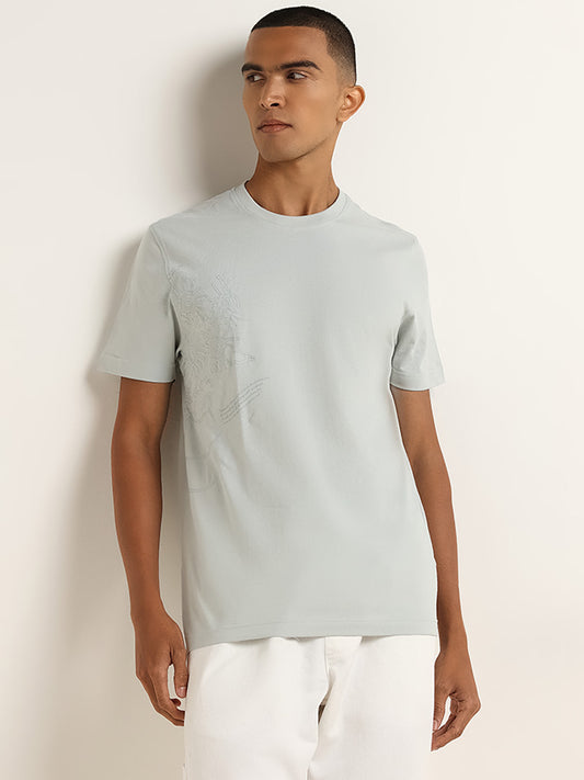 Nuon Light Teal Embroidered Slim-Fit Cotton T-Shirt