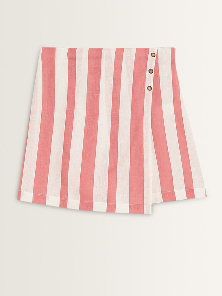 Bombay Paisley Coral Stripe Printed High-Rise Cotton Skort